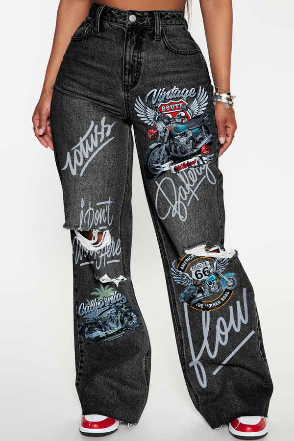 Black Gray Casual Print Ripped Pocket Patchwork Mid Waist Loose Denim Jeans
