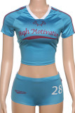 Blue Casual Letters Patchwork V Neck Short Sleeve Two Pieces