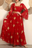 Red Elegant Print Patchwork Square Neck Long Dresses
