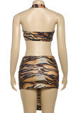Tiger Pattern Sexy Tiger Stripes Patchwork Backless Halter Sleeveless Two Pieces