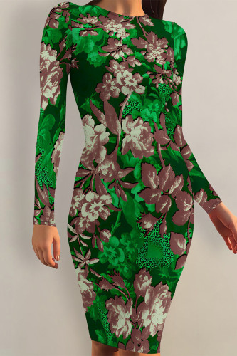 Green Elegant Floral Print Contrast O Neck Printed Dresses