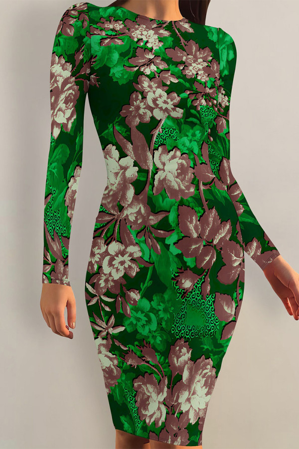 Green Elegant Floral Print Contrast O Neck Printed Dresses
