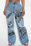 Black Gray Casual Print Ripped Pocket Patchwork Mid Waist Loose Denim Jeans