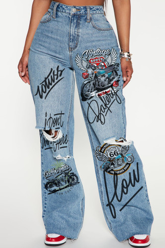 Baby Blue Casual Print Ripped Pocket Patchwork Mid Waist Loose Denim Jeans