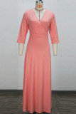 Pink Casual Solid Color Patchwork V Neck Long Dresses