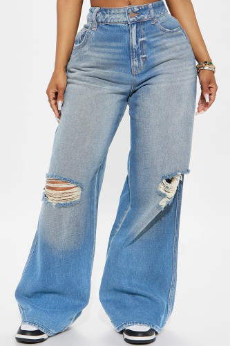Baby Blue Casual Solid Color Ripped Pocket Mid Waist Loose Denim Jeans