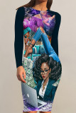 Dark Brown Casual Cartoon Print Contrast O Neck Printed Dresses