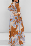 Beige Elegant Floral Print Pocket With Belt Contrast O Neck Printed Dresses