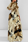 Beige Elegant Floral Print Pocket With Belt Contrast O Neck Printed Dresses