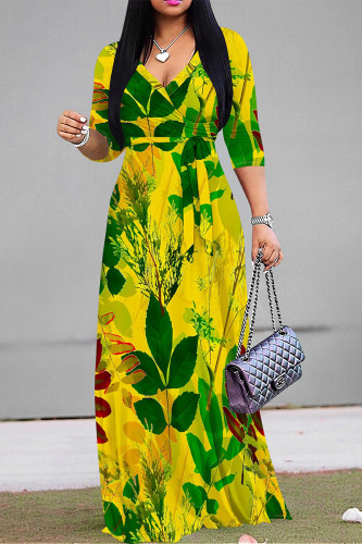 Green Yellow Elegant Floral Print Pocket With Belt Contrast V Neck Printed Dresses