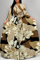 Khaki Elegant Floral Print Pocket With Belt Contrast O Neck Printed Dresses