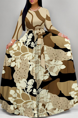 Khaki Elegant Floral Print Pocket With Belt Contrast O Neck Printed Dresses