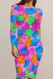 Light Purple Elegant Floral Print Contrast O Neck Printed Dresses