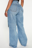 Black Gray Casual Print Ripped Pocket Patchwork Mid Waist Loose Denim Jeans