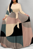 Beige Elegant Floral Print Pocket With Belt Contrast O Neck Printed Dresses