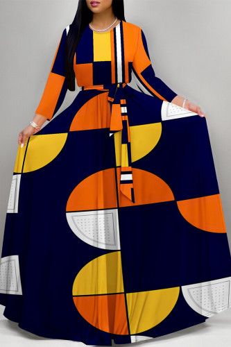 Orange Elegant Floral Print Pocket With Belt Contrast O Neck Printed Dresses