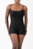 Coffee Sportswear Solid Color Lace Patchwork Spaghetti Strap Skinny Rompers