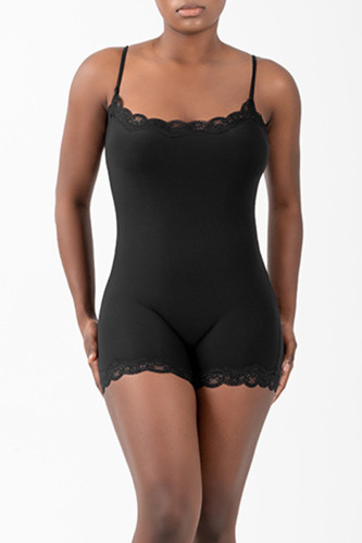 Black Sportswear Solid Color Lace Patchwork Spaghetti Strap Skinny Rompers