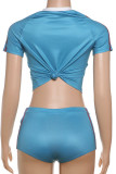 Blue Casual Letters Patchwork V Neck Short Sleeve Two Pieces