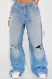 Dark Blue Casual Solid Color Ripped Pocket Mid Waist Loose Denim Jeans
