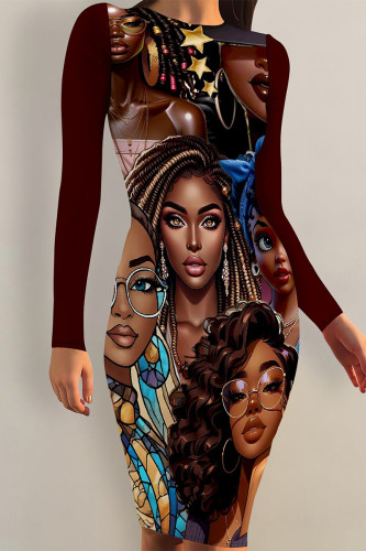Dark Brown Casual Cartoon Print Contrast O Neck Printed Dresses
