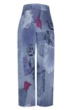 Black Gray Casual Faux Denim Print Pocket Contrast Loose High Waist Wide Leg Full Print Bottoms