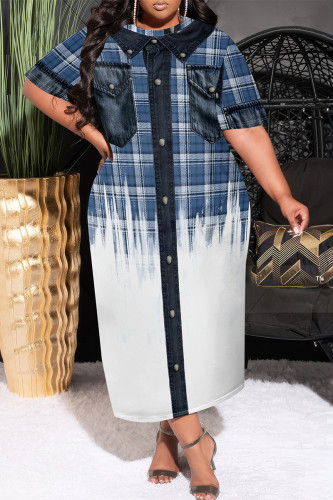 Blue White Casual Faux Denim Print Pocket Contrast O Neck Printed Plus Size Dresses