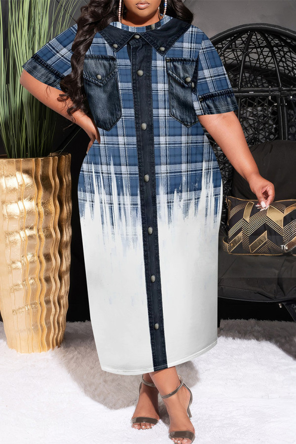 Blue White Casual Faux Denim Print Pocket Contrast O Neck Printed Plus Size Dresses