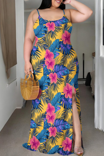 Yellow And Blue Casual Print Patchwork Slit Spaghetti Strap Sling Plus Size Dresses