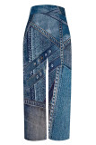 Black Gray Casual Faux Denim Print Pocket Contrast Loose High Waist Wide Leg Full Print Bottoms