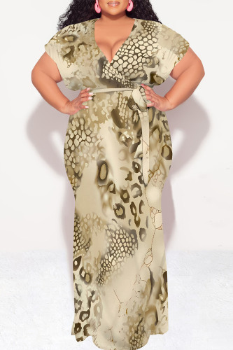 Beige Sexy Snakeskin Print Leopard With Belt Contrast V Neck Printed Plus Size Dresses