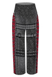 Black Gray Casual Faux Denim Print Pocket Contrast Loose High Waist Wide Leg Full Print Bottoms