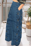 Black Gray Casual Faux Denim Print Pocket Contrast Loose High Waist Wide Leg Full Print Bottoms