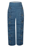 Black Gray Casual Faux Denim Print Pocket Contrast Loose High Waist Wide Leg Full Print Bottoms