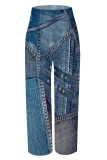 Black Gray Casual Faux Denim Print Pocket Contrast Loose High Waist Wide Leg Full Print Bottoms