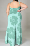 Cream White Sexy Flowers Print Slit Contrast U Neck Printed Plus Size Dresses