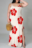 Cream White Sexy Flowers Print Slit Contrast U Neck Printed Plus Size Dresses