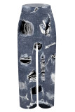 Black Gray Casual Faux Denim Print Pocket Contrast Loose High Waist Wide Leg Full Print Bottoms