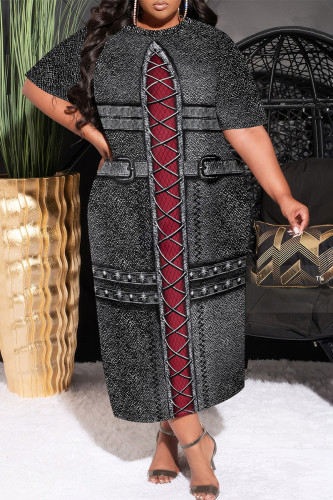 Dark Gray Casual Faux Denim Print Pocket Contrast O Neck Printed Plus Size Dresses