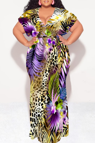Leopard Print Sexy Snakeskin Print Leopard With Belt Contrast V Neck Printed Plus Size Dresses