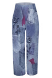 Black Gray Casual Faux Denim Print Pocket Contrast Loose High Waist Wide Leg Full Print Bottoms