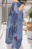 Black Gray Casual Faux Denim Print Pocket Contrast Loose High Waist Wide Leg Full Print Bottoms