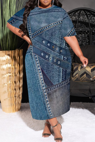 Medium Blue Casual Faux Denim Print Pocket Contrast O Neck Printed Plus Size Dresses