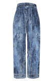 Black Gray Casual Faux Denim Print Pocket Contrast Loose High Waist Wide Leg Full Print Bottoms