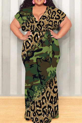 Camouflage Casual Print Patchwork Strap Design V Neck Long Plus Size Dresses