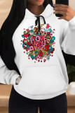 White Pink Casual Skull Love Print Letters Draw String Pocket Hooded Tops
