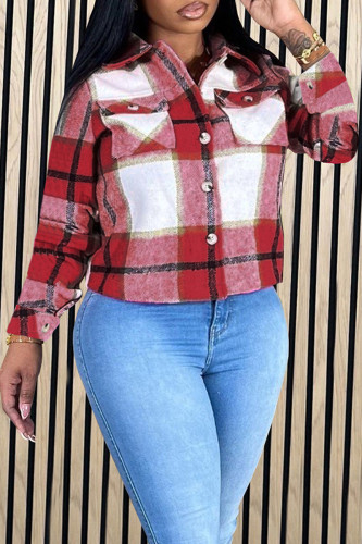 Burgundy Casual Plaid Pocket Buckle Patchwork Turndown Collar Outerwear