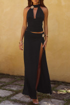Black Sexy Solid Color Hollow Out Patchwork High Slit O Neck Sleeveless Two Pieces