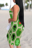 Pink Sexy Plaid Graffiti Print Four Leaf Clover Contrast U Neck Printed Dresses