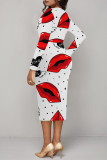 Rose Pink Elegant Love Print Lips Contrast V Neck Printed Dresses